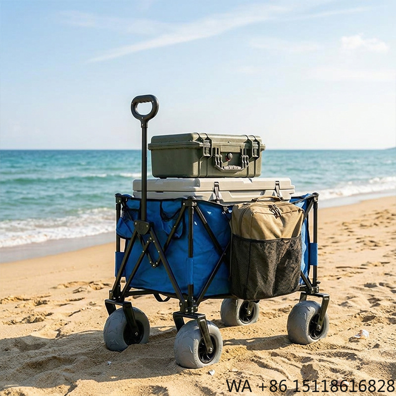 Outdoor Camping Folding Table - Faltbarer Metall-Strandwagen mit Schnellverschluss-Schwenkballonrädern, Kompakter &