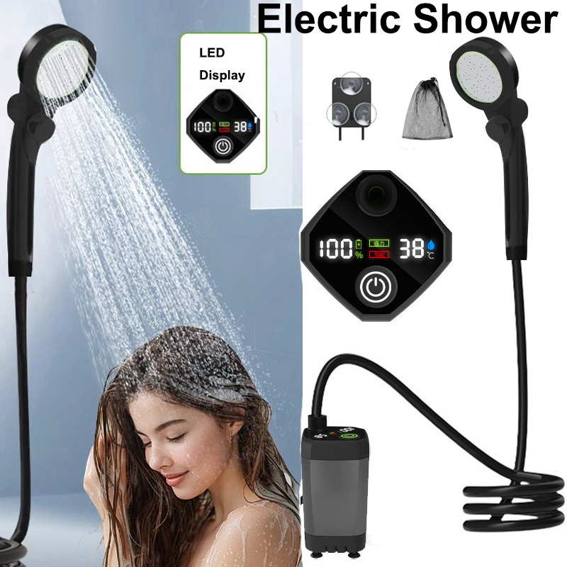 Outdoor Camping Shower - Elektrisches Outdoor-Duschset mit LED-Display, 6000mA, wiederaufladbar,